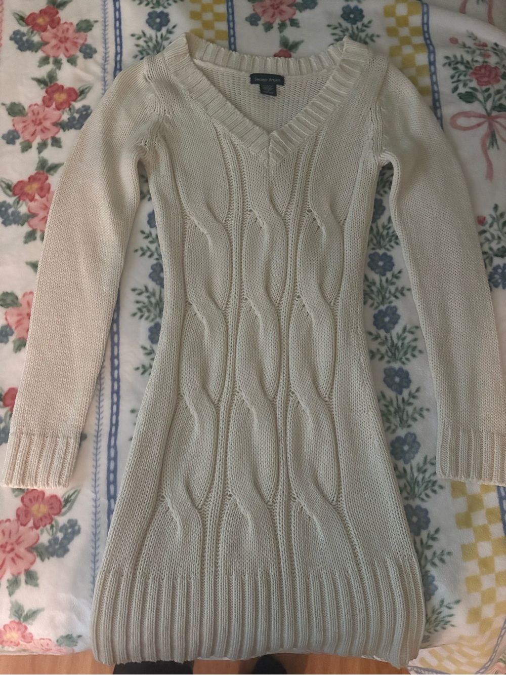Cream Cable Knit V-Neck Sweater Dress